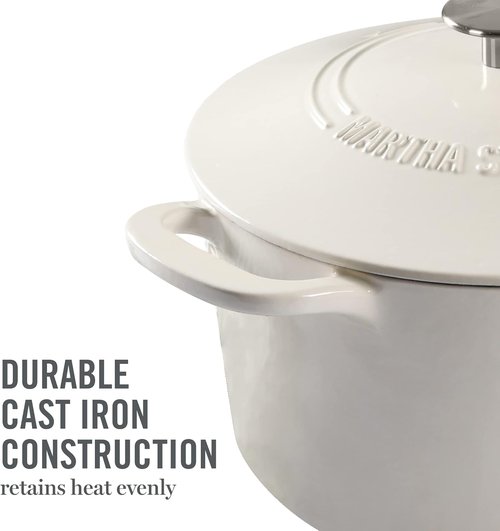 Martha Stewart Gatwick 7-Quart Enamel Cast Iron Dutch Oven - Durable Linen Color with Silver Knob for Slow Cooking