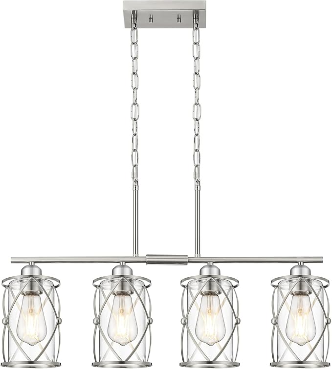 4-Light Kitchen Island Lighting, Modern Brushed Nickel Dining Room Light Fixtures with Clear Glass, Farmhouse Industrial Linear Chandelier Pendant Light with Adjustable Chain, CH9176BN-4IS