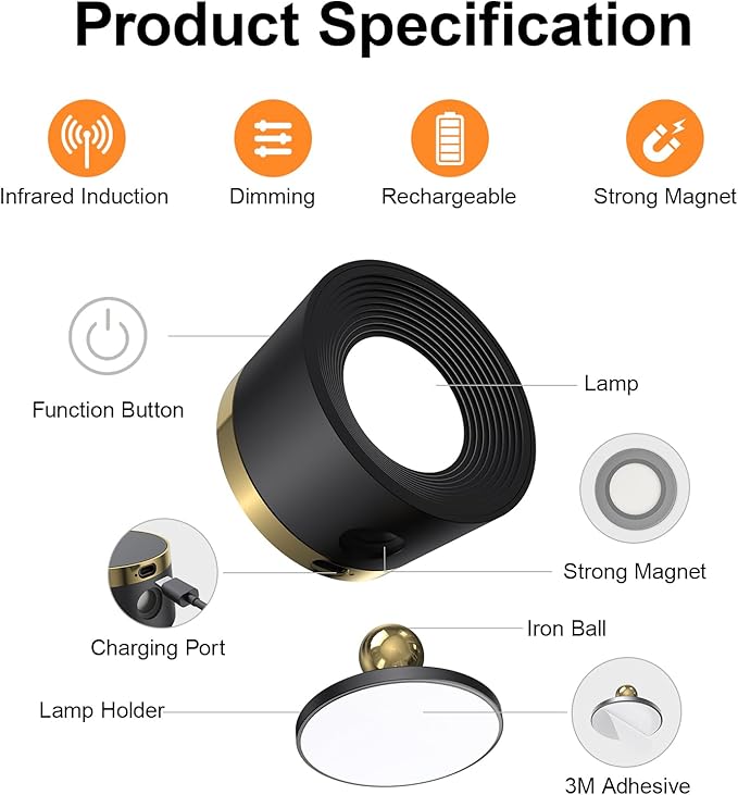 Moobibear Motion Sensor Wall Light Indoor 2Pcs, 3500mAh Rechargeable Battery Operated LED Wall Light, Wall Lamp Wireless with 360 ° Rotation, 3 Color Temperatures for Bedroom, Study, Corridor, Picture