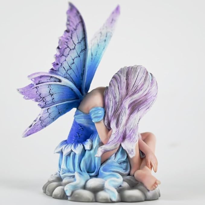 Fantasy Cloud Base Fairy Figurine, 6.1 Inch Blue-Purple Gradient Elf Statue, Hand-Painted Resin Decor with Gradient Wings & Hair for Living Room, Bedroom, Fairy Garden