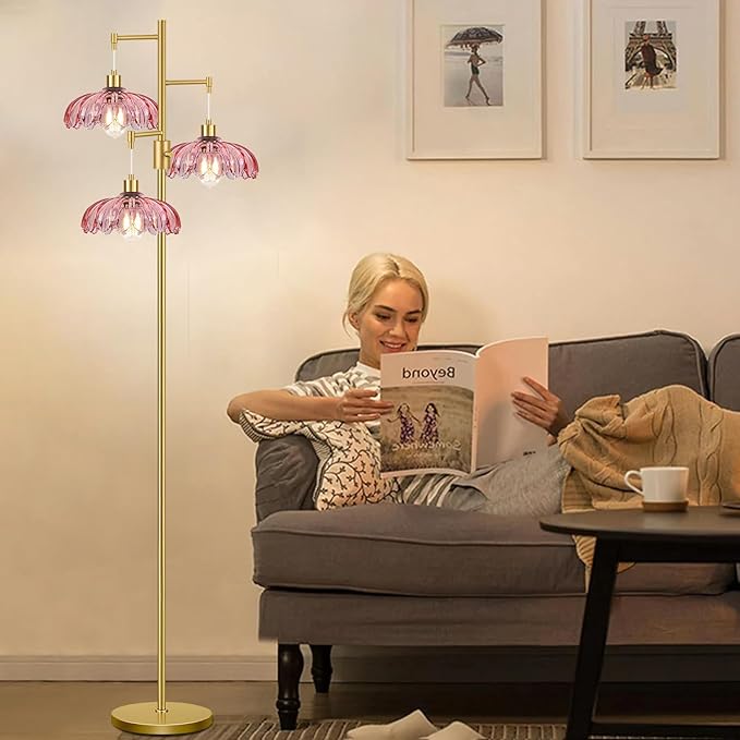 Gold Floor Lamps for Living Room-3 Light Dimmable Floor Lamp with Three Bulbs & Glass Lampshape, Mid Century Modern Standing Lamp Tree Tall Flower Floor Lamp for Bedroom Living Room,Corner