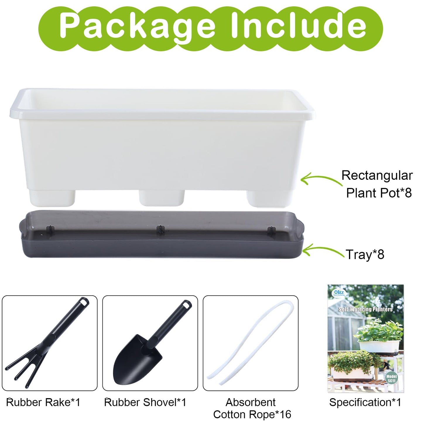 Oliz Window Box Planter 8 Pcs, 17 Inches Rectangle Flower Pots with Drainage Holes & Trays, Vegetable Planters for Windowsill Patio Garden Balcony Home Indoor Outdoor (White, 16 * 7 * 6 inch)