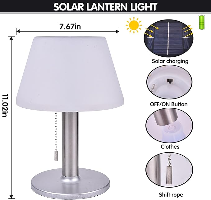 shumi Solar Table Lamp Outdoor Indoor - 3 Lighting Modes, Eye-Caring LED Waterproof Cordless Solar Desk Lamp with Pull Chain for Outside Patio Garden Bedroom Living Room(White Modern Decor)