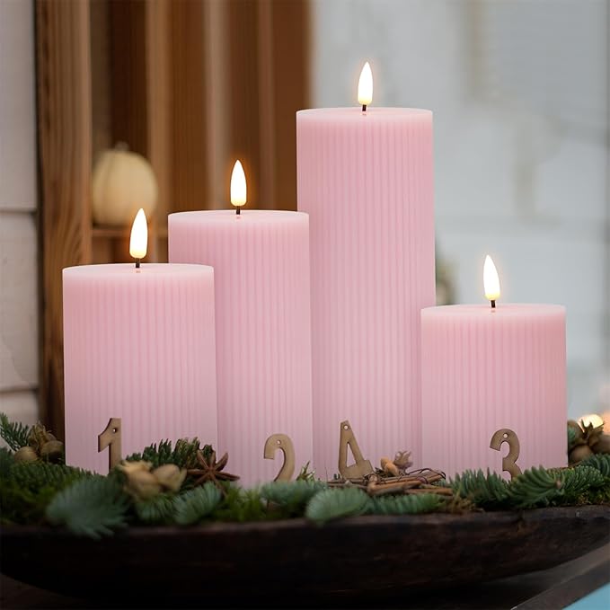 Pink Ribbed Flameless Pillar Candles with Remote, Flat Top Flickering LED Wax Battery Candles Set of 4, Φ 3" H 4" 5" 6" 8"