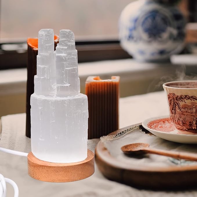 JIC Gem USB Selenite Skyscraper Healing Crystal Lamp 6 Inch with Wooden LED Light Stand Base