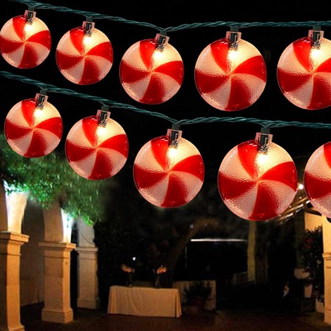 Christmas Candy Lights, 8.5Ft Christmas Decorations String Lights with 10 Red White Peppermint Candy Lights, Hanging Christmas Candy Fairy Lights for Xmas Outdoor Party Birthday Window Bedroom Decor