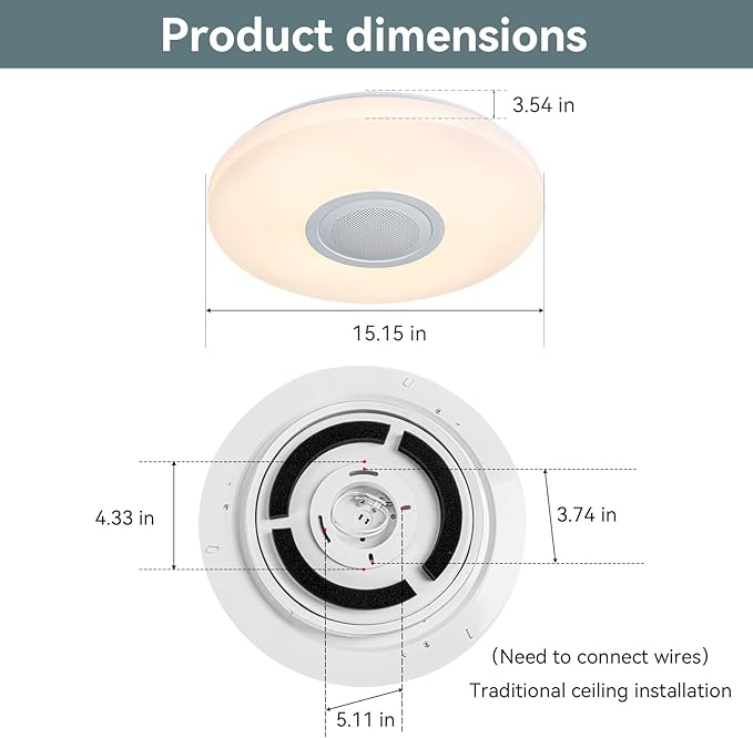LED Ceiling Light Fixture,with Bluetooth Speaker,15.15 Inch 40W, 2700K-6500K Dimmable Music Lamp,RGB Color Changing Light with Remote Control,for bedrooms, Living Rooms,-ASALL001-40