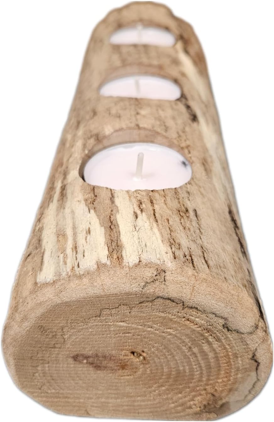 Natural Driftwood | 3-Slot Tea Light Candle Holder - Rustic Wooden Centerpiece for Home Decor