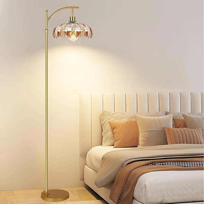 Gold Arc Floor Lamp for Living Room with Remote,Dimmable Modern Floor Lamps with Amber Glass Shade,Unique Vintage Flower Standing Tall Lamp,Mid Century Floor Lamps for Bedroom Office Corner