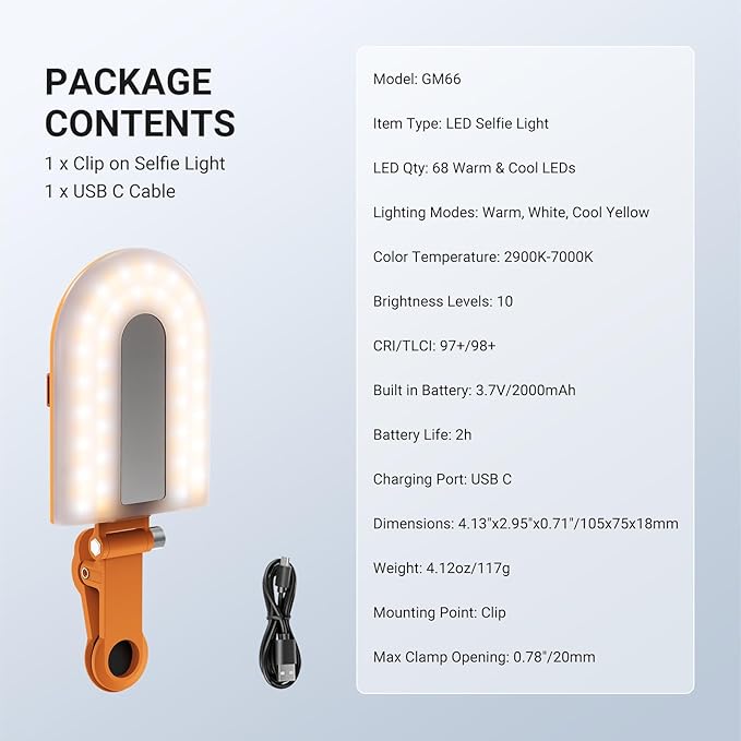 NEEWER GM66 Clip on Selfie Light for Phone, 68 LEDs, Bi Color Lighting Compatible with iPhone with CRI97+, 2000mAh for TikTok Vlog Recording Streaming Laptop Computer Webcam Video Conference Makeup