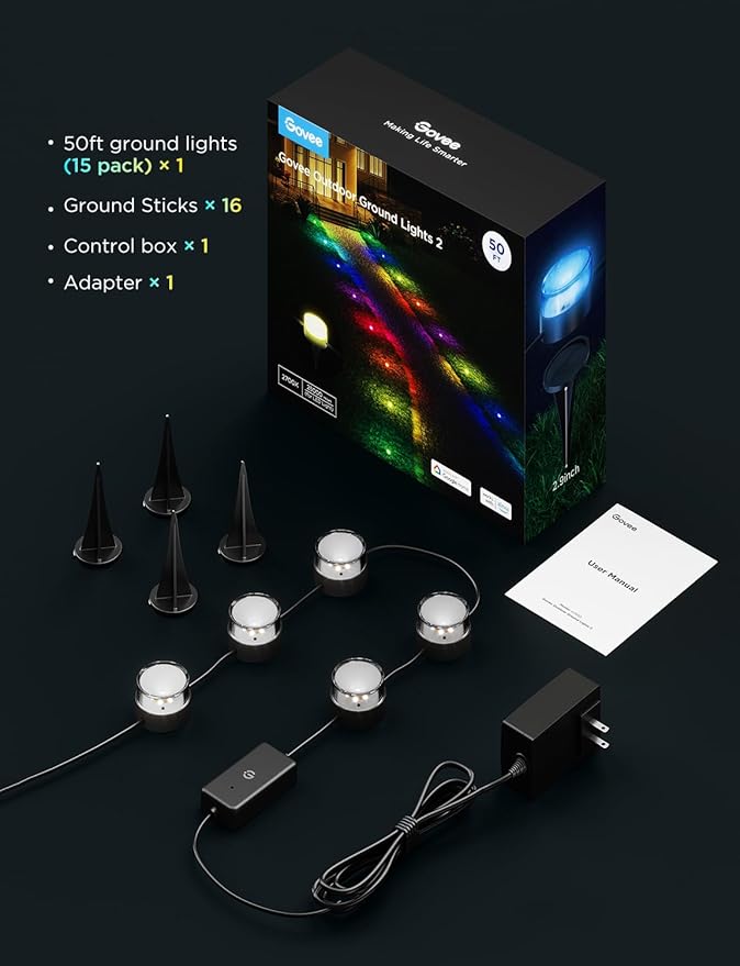 Govee Outdoor Ground Lights 2, 50ft Patio Decorations, 15 Pack RGBIC Pathway Lights with 100LM Warm White, IP67 Waterproof, 63 Scene Modes, Works with Alexa, Google Assistant