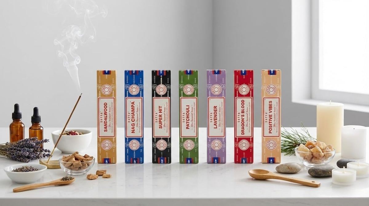 Satya Incense Gift Set - Nag Champa, Dragon's Blood, Sandalwood & More | 15g Variety for Positive Vibes