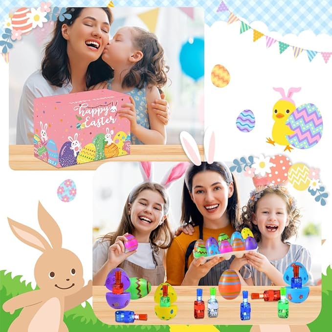 32 Prefilled Easter Eggs with Finger Lights Egg Fillers, Easter Basket Stuffers Gifts for Kids Teens Plastic Glow In The Dark Easter Eggs Filled Toys for Kids Boys Girls Party Favors Egg