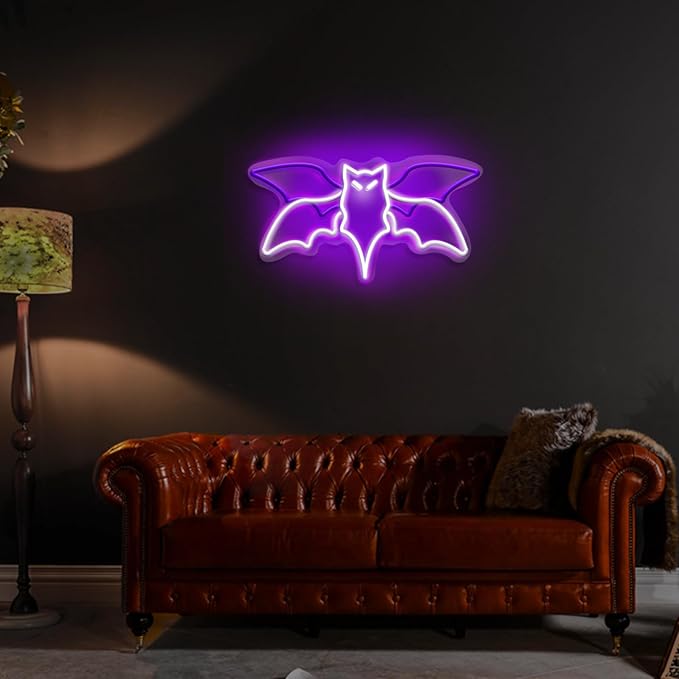Bat Neon Sign – Flying Bat LED Wall Sign for Halloween, Gothic Room Decor, Witchcraft Festival Decor, Horror Party Wall Art, 15" x 7.7"