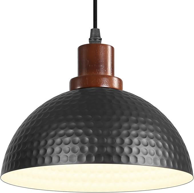 11.8" Wood Pendant Lights Kitchen Island, Hammered Dome Pendant Lighting, Black Pendant Light Fixture Hanging Ceiling Light