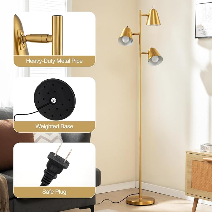 Tangkula 3-Light Floor Lamp, 64" Mid Century Modern 3 Light Tree, Standing Tall Pole Lamp with 3 A19 LED Bulbs and Adjustable Heads, 3 E26 Base, Reading Light for Living Room & Bedroom (Golden)