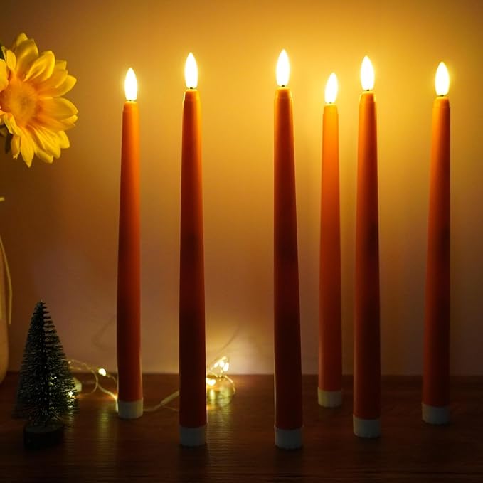 Orange Flameless Taper Candles with Remote, Fall LED Candlesticks Battery Operated Flickering Set of 6