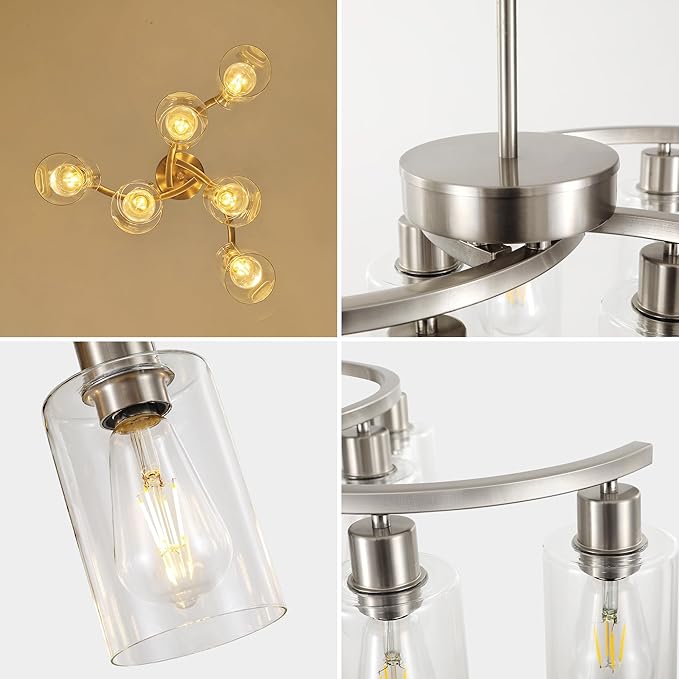 6 Light Farmhouse Brushed Nickel Chandelier,21.7" Modern Chandeliers for Dining Room Light Fixtures Over Table,Pendant Lights Kitchen Island,Metal Bracket with Downward Clear Glass Shade