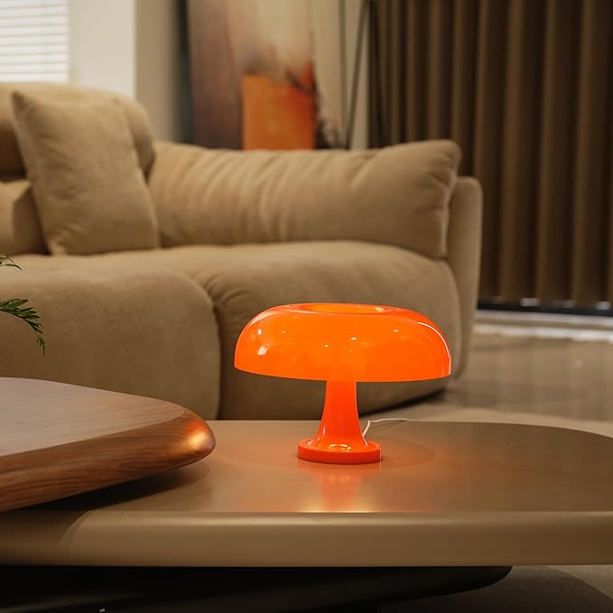 Cordless Mushroom Table Lamp, Rechargeable Orange Bedside Lamp with Touch Control and 3 Color Stepless Dimming, Portable Desk Lamp for Dinner/Restaurant/Bedroom (W11'' x H7.67'')