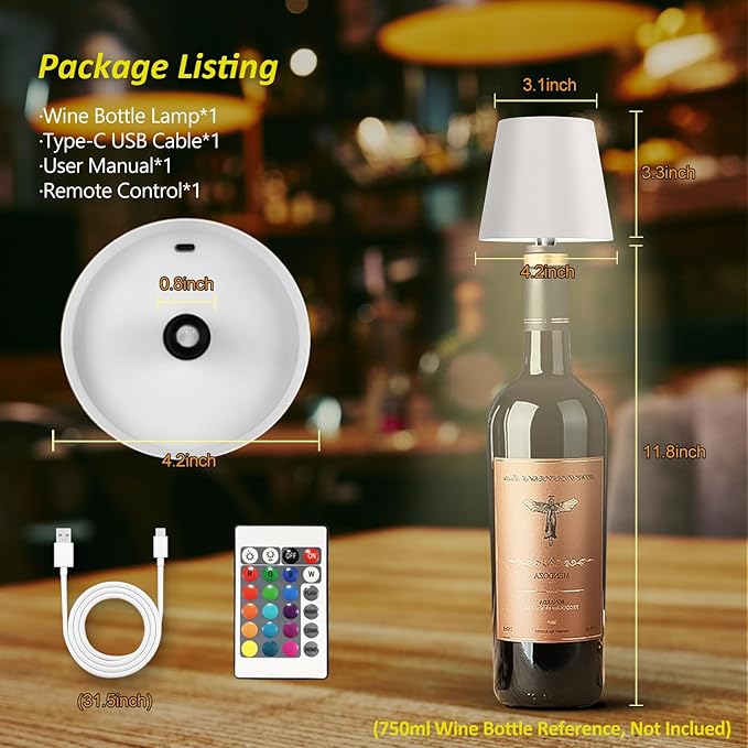 2025 New Wireless Bottle Lamp - LED Bottle Lights for Liquor & Wine Bottles, Cordless Lampshade, Whiskey Bottle Top Light, Bottle Stopper Night Light Kit, Rechargeable RGB Remote & Touch-Dimmable
