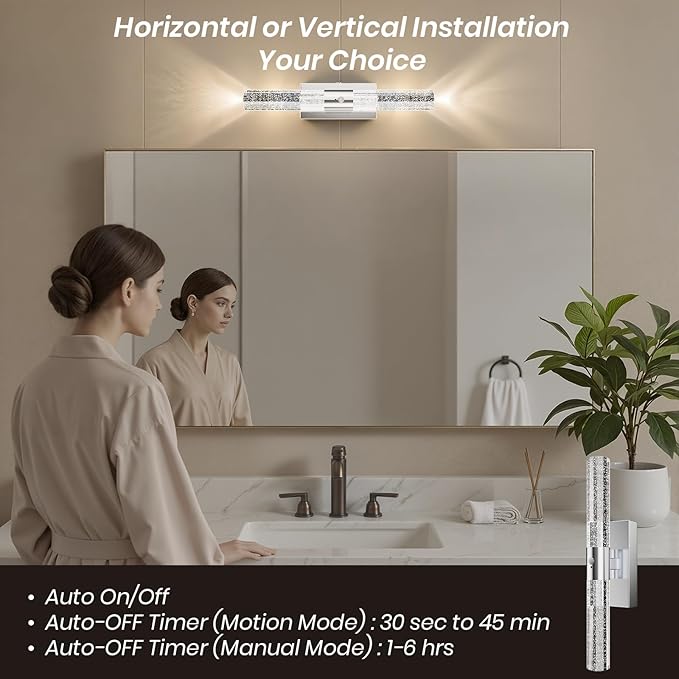 Motion Sensor Wall Sconces Battery Operated Set of 2, Rechargeable Wall Sconce, 3CCT Battery Wall Sconce, 12000mAh Dimmable with Remote for Bedroom, Living room, Hallway (15.3 inch - Chrome - 2 Pack)