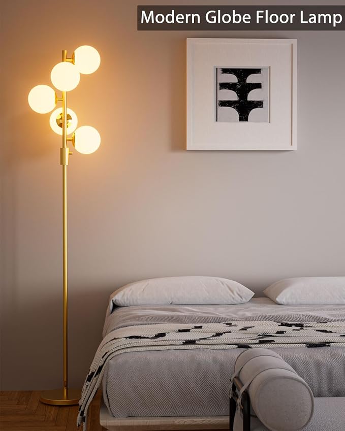 Lightdot Dimmable (Brightness Adjustable) Globe Floor Lamp, Gold Standing Lamps with 5PCS 3000K Bulbs Included, Mid Century Modern Floor Lamp for Living Room/Bedroom/Sofa Beside/Corner Decor