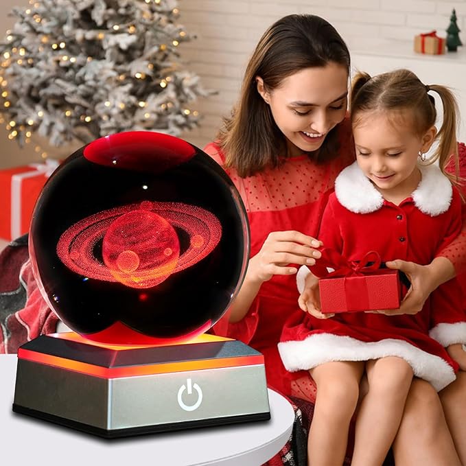 3D Saturn Crystal Ball Night Light 3.15 inch Glass Ball Table Lamp with Color Changing Touch Base Decor Ideal Saturn Gifts for Friends Kids Christmas Birthday
