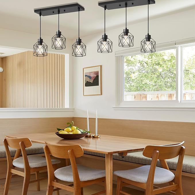 3-Light Hanging Pendant Light Fixtures, Farmhouse Kitchen Island Light Fixture, Industrial Hanging Pendant Lighting for Dining Room Bedroom Hallway, Black Metal Cage Pendant Lamp, E26 Base