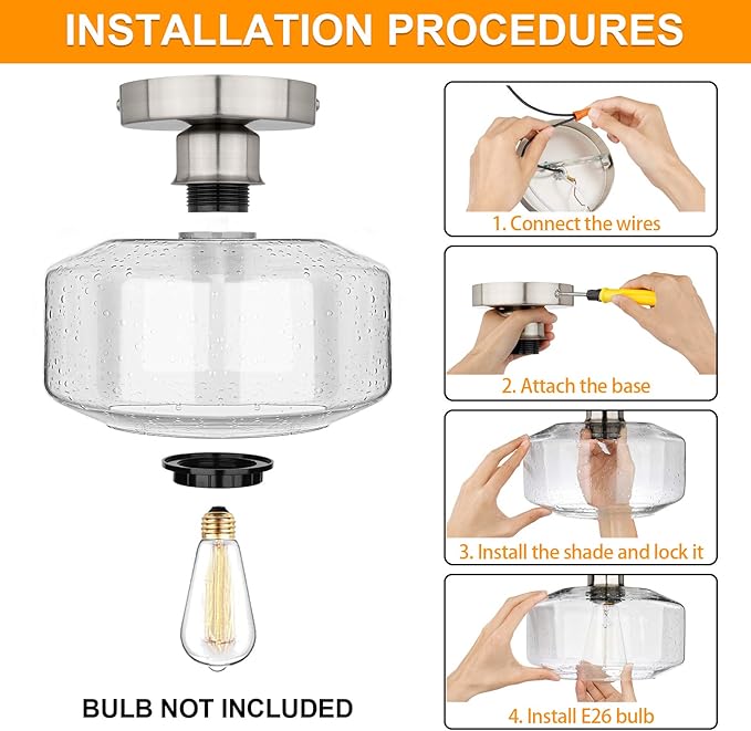 SunRider Semi Flush Mount Ceiling Light Fixtures, Brushed Nickel Industrial Seeded Glass Lamp, Silver Ceiling Light for Kitchen Hallway Porch Bedroom