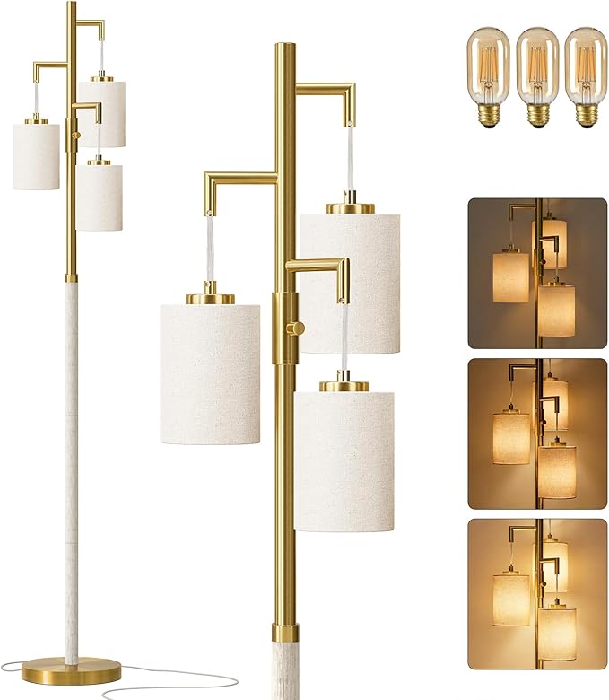 70" Dimmable Floor Lamp Wood Floor Lamps for Living Room Bedroom Mid Century Modern Floor Lamp Gold Standing Lamp Tall Lamps for Office Nursery Reading Elegant Stand Up Lamp, 3 Bulbs Included