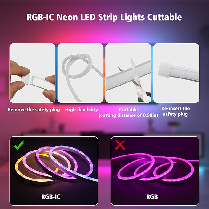 32.8Ft LED Neon Rope Lights, RGB Built in Chip Neon Strip Lights with Remote APP Control, Music Sync 24V IP68 Waterproof Led Neon Lights for Bedroom Outdoor Gaming Room