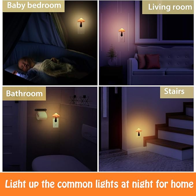 Honoson 4 Pieces Mushroom Night Light LED Night Light Plug in Lamp 7 Color Magic Mini Pretty Mushroom Shaped Lamp Adults(Yellow Light with White Cover)