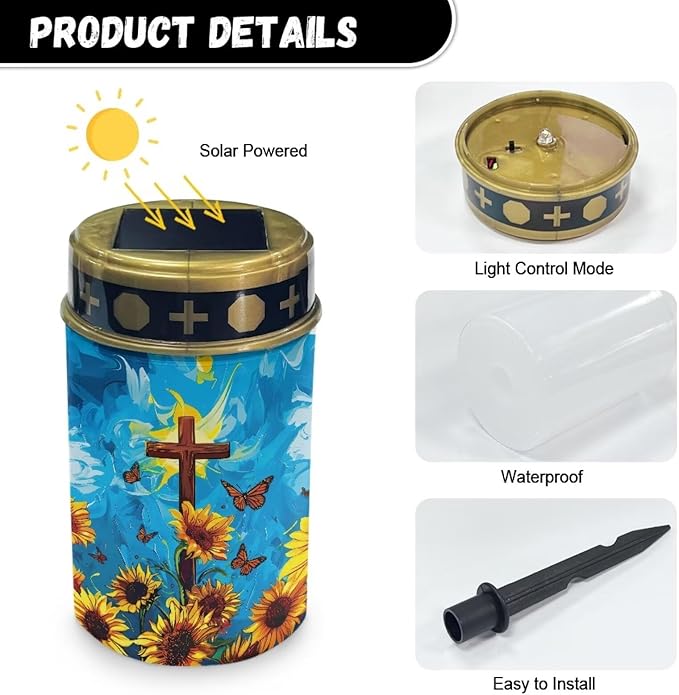 Light for Prayer Cemetery Sunflower Solar Lights for Grave Cemetery Candle Lamp Corss Grave Lights Garden Cemetery Decor Memorial