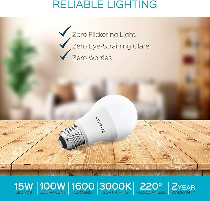 LUXRITE A19 LED Light Bulb 100W Equivalent, 3000K Soft White Non-Dimmable, 1600 Lumens, Standard LED Bulb 15W, E26 Medium Base, UL Listed, Perfect for Table Lamps and Home Lighting (6 Pack)