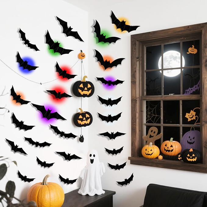 PChero 12 Lights & 48 Bats Halloween Decoration Kit with Remote Timer, Color Changing Light up Bats Wall Decor, 10 Different Size 3D Bat Stickers for Window Wall Living Room Bedroom Party Spooky Decor