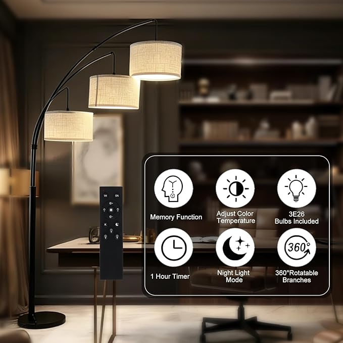 Dimmable Arc Floor Lamp, Black Pole Standing Lamp with Linen Shade and Heavy Base, Remote Control with Stpeless Color Temperatures and Brightness for Bedroom, Office