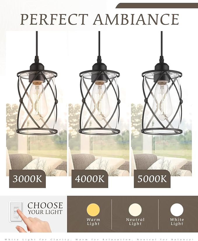Glass Pendant Lights Kitchen Island 2 Pack, Black Mini Pendant Light with Clear Glass, Farmhouse Industrial Cage Hanging Lighting for Kitchen Sink Dining Room Bathroom, CH9176-1-2PK
