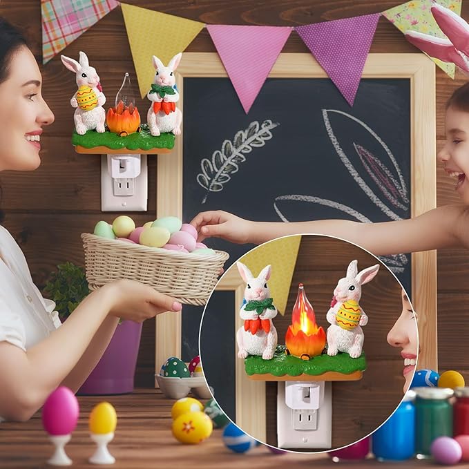 Bunny Campfire Flickering Nightlight, Easter Night Light Plug Into Wall with Switch, Rabbit LED Lamp for Spring Hallway Stair Bedroom Decoration