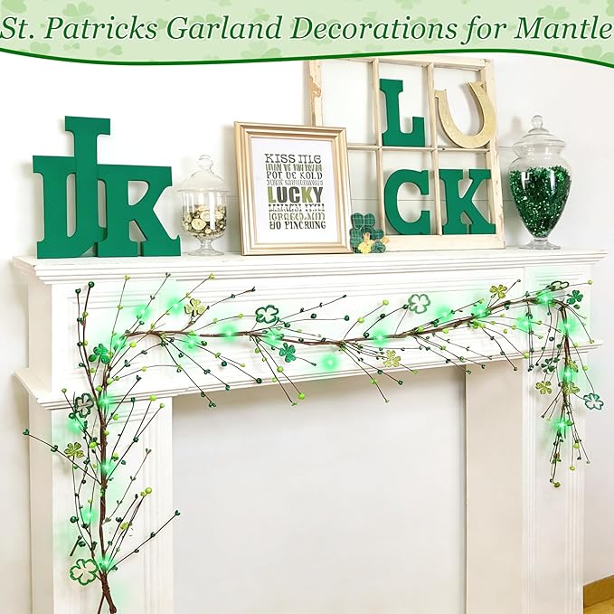 Timer - Lighted St Patricks Day Garland St Patricks Day Decorations, 6 Ft Shamrock Garland with 20 Green Lights Berried Artificial Clover Garland Irish St. Patrick's Day Decor for Home Mantle Table
