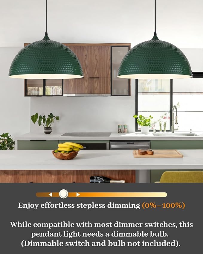 16 inch Green Pendant Light 2 Pack, Hammered Large Industrial Pendant Lights Kitchen Island, Green Dome Pendant Light for Kitchen Island, Dining Room, Bar