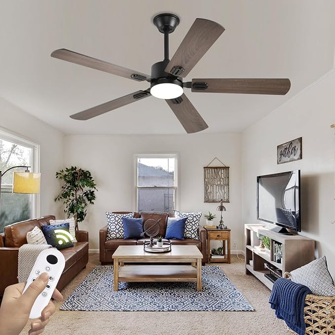52 inch Modern Ceiling Fans with Lights APP/Remote Control, Low Profile Reversible 6 Speeds Dimmable Ceiling Fan Light for Indoor/Outdoor Bedroom Living Room(Brown)
