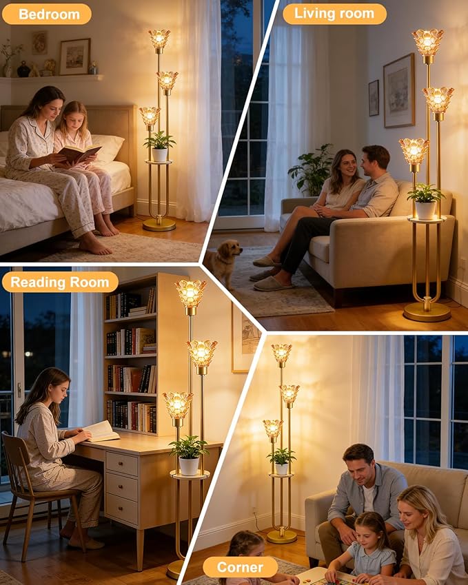 Glass Floor Lamp with Table, 62'' Gold Standing Tall Lamps with Brown Glass Shade, 3000K Warmwhite Mid Century Modern Floor Lamp for Living Room/Bedroom/Sofa Beside/Home Corner