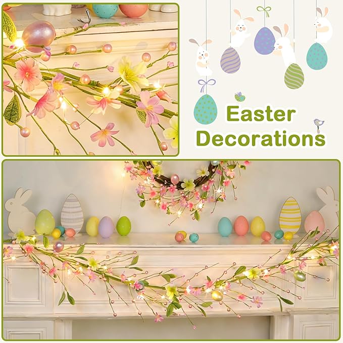 6 Ft Lighted Easter Garland Easter Decorations, Easter Egg Garland with 20 LED Lights Timer Flowers Berried Green Leaves Artificial Spring Garlands Battery Operated for Home Table Mantle Holiday Decor