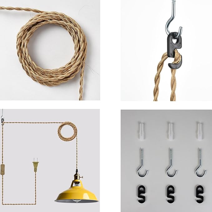 YUBOLE Nordic Hanging Pendant Light with Plug Metal Barn Hanging Light Fixture for Kitchen Bedroom Foyer, Yellow