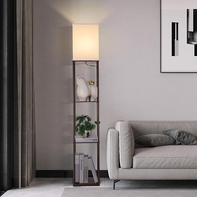 Floor Lamp with Shelves, Modern Square Standing Lamp with 3 Color Temperature Bulb, Corner Display Bookshelf Lamp for Living Room, Bedroom and Office (Brown-9)