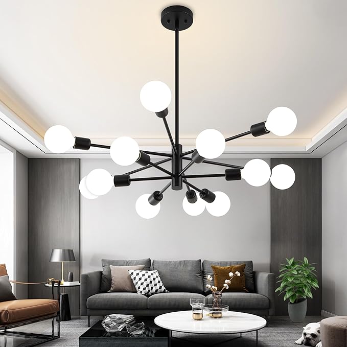 Sputnik Chandelier, Black Modern Chandeliers, Mid Century Ceiling Lighting Fixture for Living Room, Kitchen, Bedroom, Dining Room, Farmhouse (12-Light)