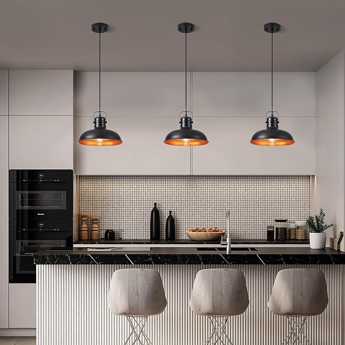 Industrial Pendant Light, 10.5 Inch Farmhouse Small Black and Gold Chandelier, Vintage Hanging Light Fixture with 71'' Height Adjustable Cord for Kitchen Island, Dining Room, Bedroom - 2 Pack