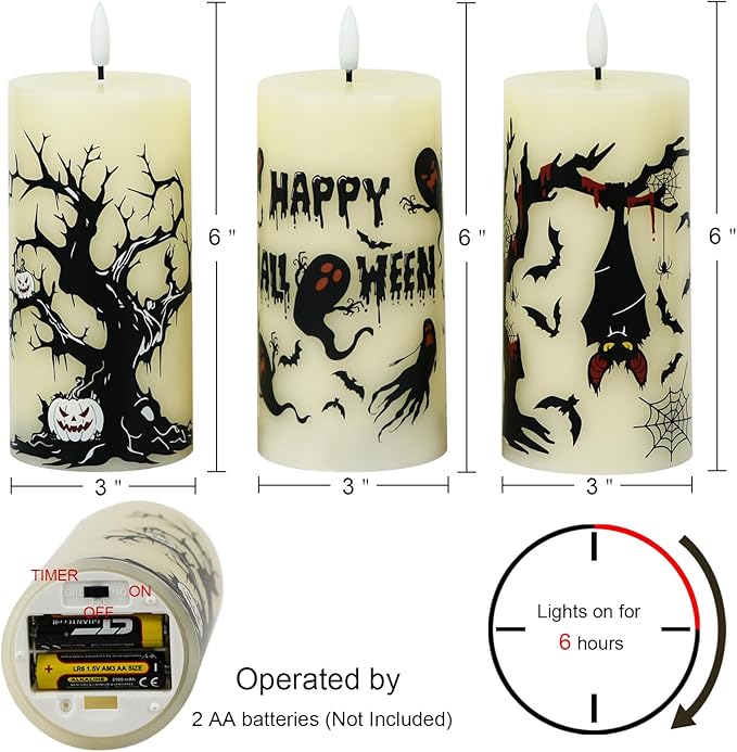 Halloween Decorations Ghost Bat Flameless Halloween Candles with 6H Timer, Battery Operated LED Candles for Halloween Decor Indoor