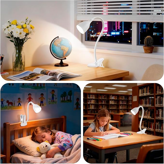 Desk Lamp for Home Office - Clip on Reading Light and Bed Headboard Clamp Lamp, Bedside Gooseneck Table Lamp, Clip on Desk Lamps, Eye-Caring Desk Lamp for College Dorm Room Study Lamp, White