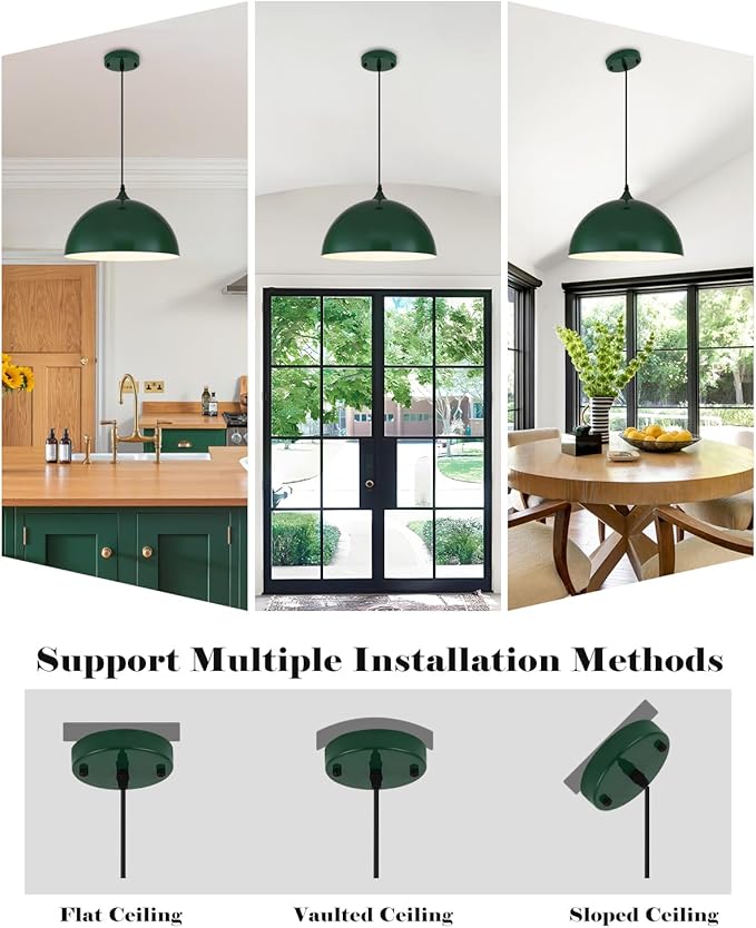 Green Pendant Lights Kitchen Island 2 Pack, 14 Inch Large Dome Pendant Light, Green Farmhouse Pendant Light, Island Pendant Lights for Kitchen, Dining Room